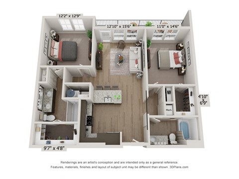 Floor plan for 2 beds, 2 baths, 1065 sqft